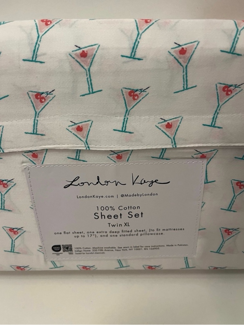 London Kaye Twin XL Size Cotton Sheet Set Martini Glasses Print White Pink Green - Picture 11 of 12